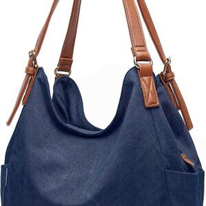 Worldlyda Women Canvas Hobo Purse Multi Pocket Tote Shopper Shoulder Bag Casual